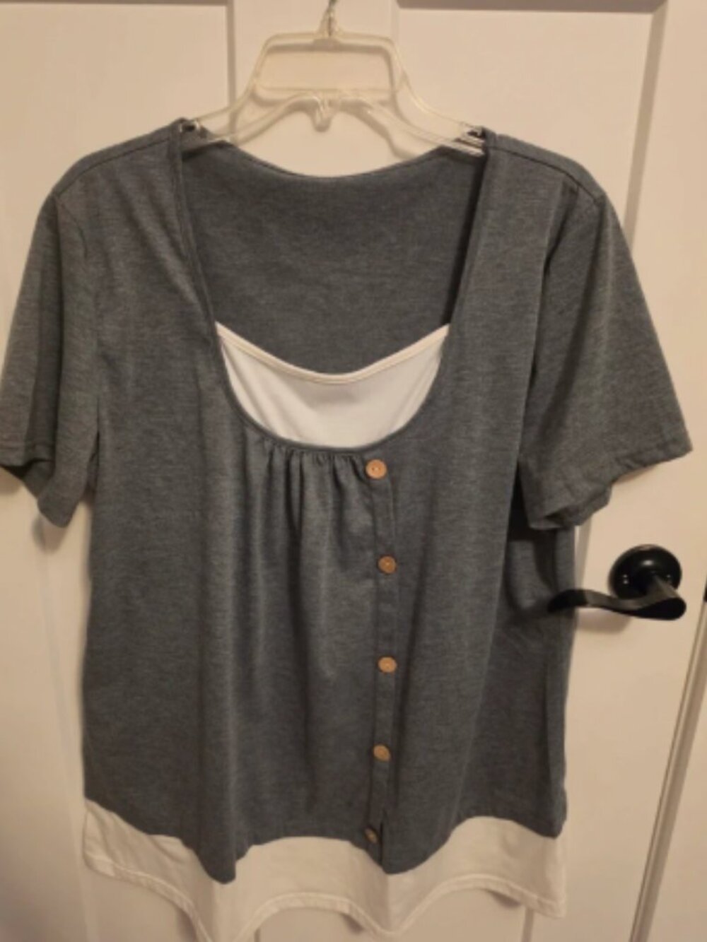 Gray & White Layered Look Short Sleeve Top with Buttons